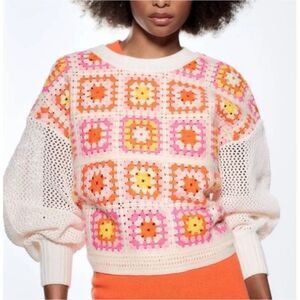 ZARA Crochet Sweater Pink Orange Size Small